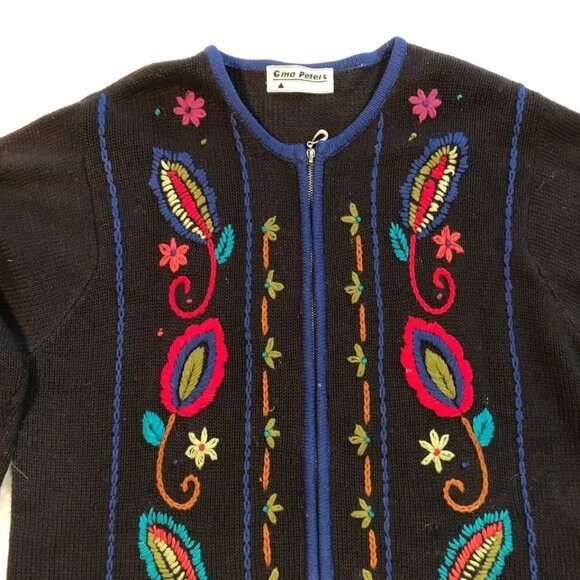 Vtg Black Cardigan Sweater Size L Embroidered Flowers Full Zip Heavy Duty Womens - Picture 2 of 3